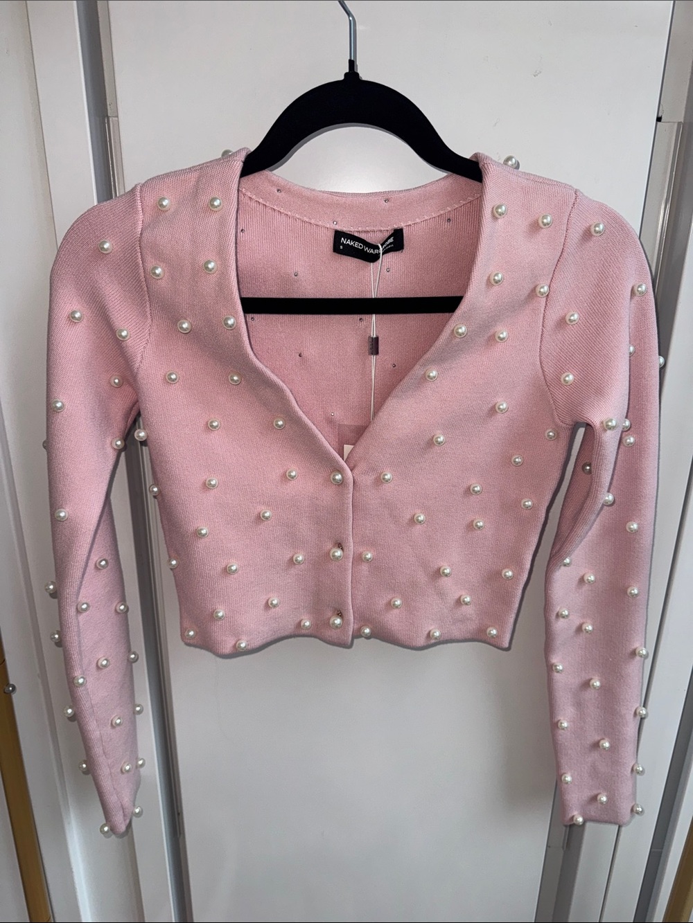 naked wardrobe Pink Pearl-Embellished Cropped Cardigan
